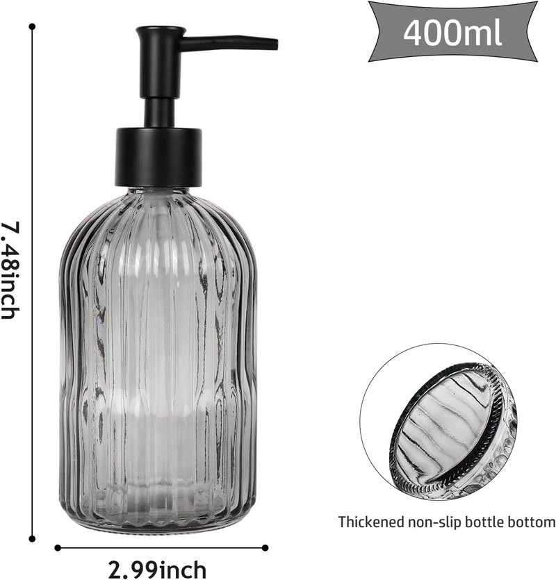 Guokanfly 14Oz Black Pump Glass Soap Dispenser, Gray Stripe Countertop Refillable Liquid Bottle Hand Dish Lotion Dispenser with Plastic Pump, for Kitchen, Bathroom - Image 3